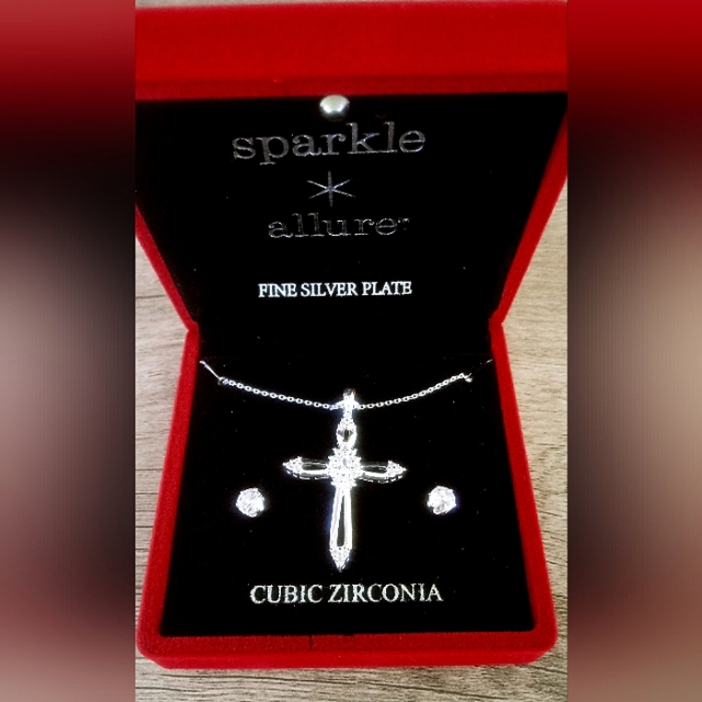STERLING SILVER PLATE CUBIC ZIRCONIA Cross necklace Pendant earrings set NEW NWT